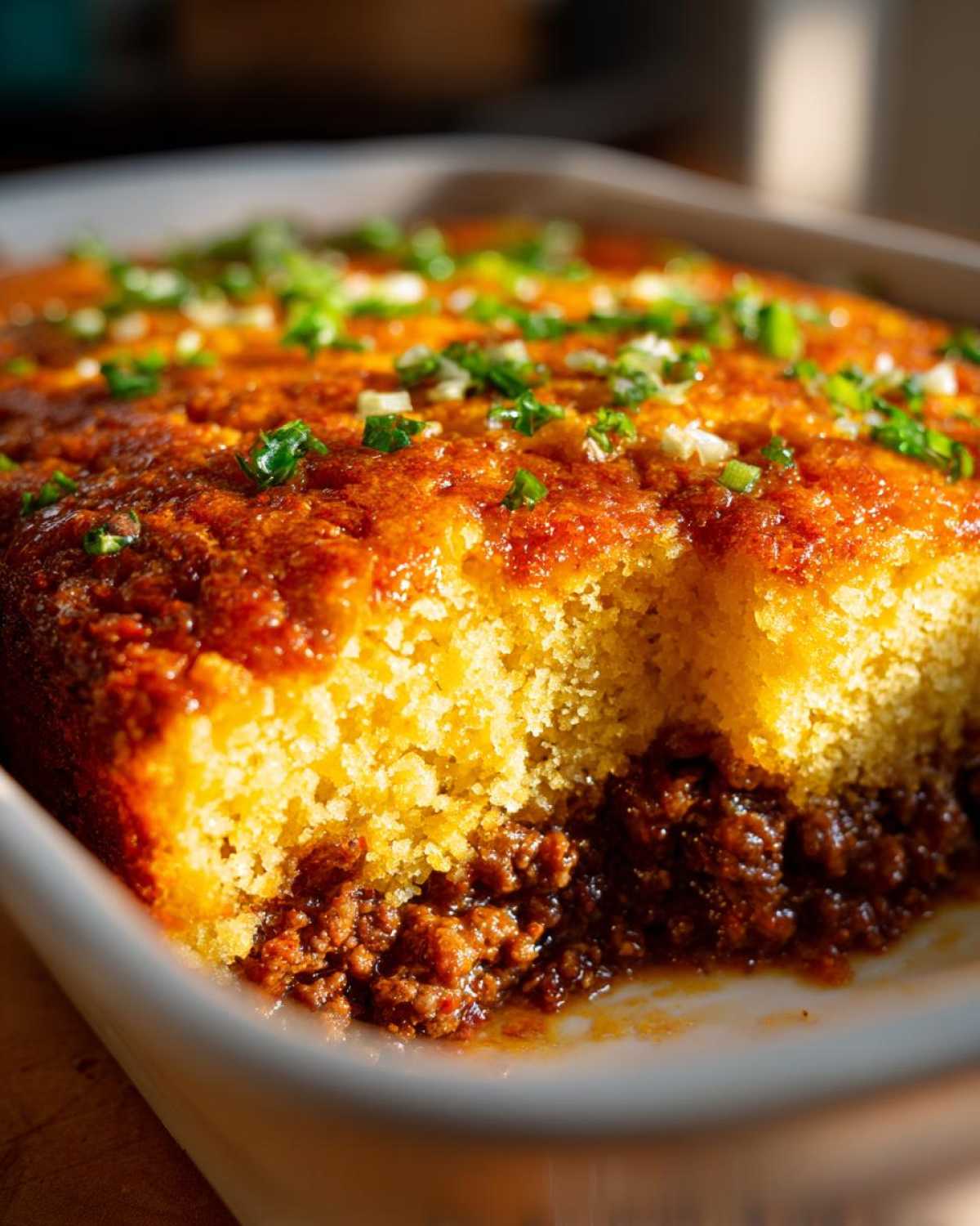 A close-up view of the baked sloppy joe cornbread casserole in a white dish, showing a scoop removed to reveal the meaty filling below the golden cornbread.