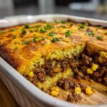 Close-up of a baked sloppy joe cornbread casserole with a serving removed, showing the savory meat filling and corn beneath the golden crust.