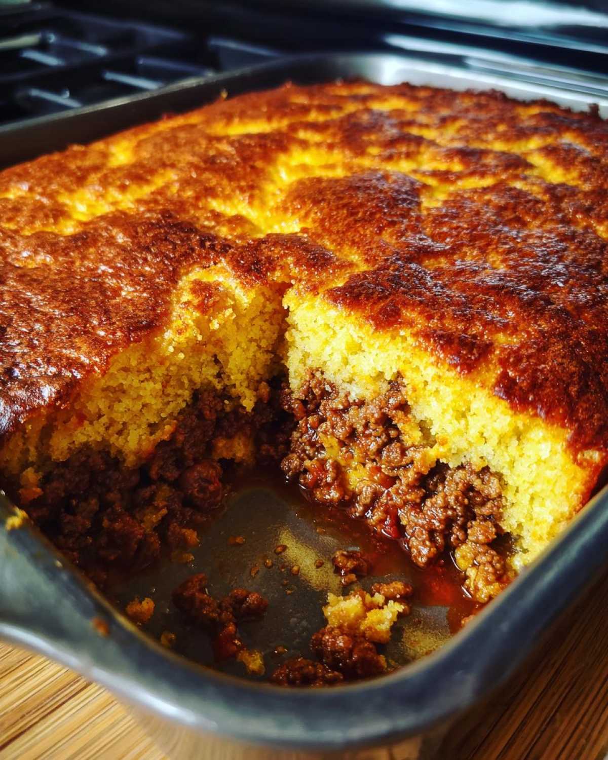 Close-up of a baked sloppy joe cornbread casserole with a piece removed, showing the savory meat filling beneath the golden cornbread top.