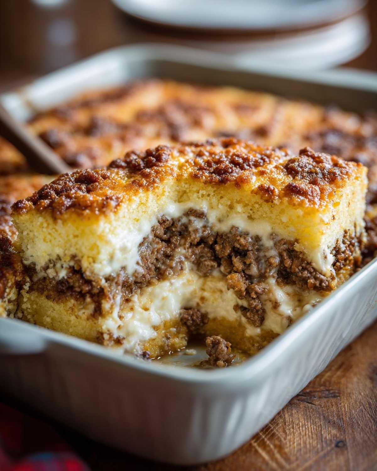 A close-up of a thick slice of sloppy joe cornbread casserole showing layers of seasoned ground meat and creamy sauce between cornbread.