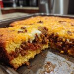 A close-up view of a slice cut from a baked sloppy joe cornbread casserole, showing the thick cornbread base and meaty, cheesy topping.