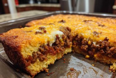 A close-up view of a slice cut from a baked sloppy joe cornbread casserole, showing the thick cornbread base and meaty, cheesy topping.
