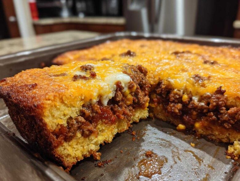 A close-up view of a slice cut from a baked sloppy joe cornbread casserole, showing the thick cornbread base and meaty, cheesy topping.