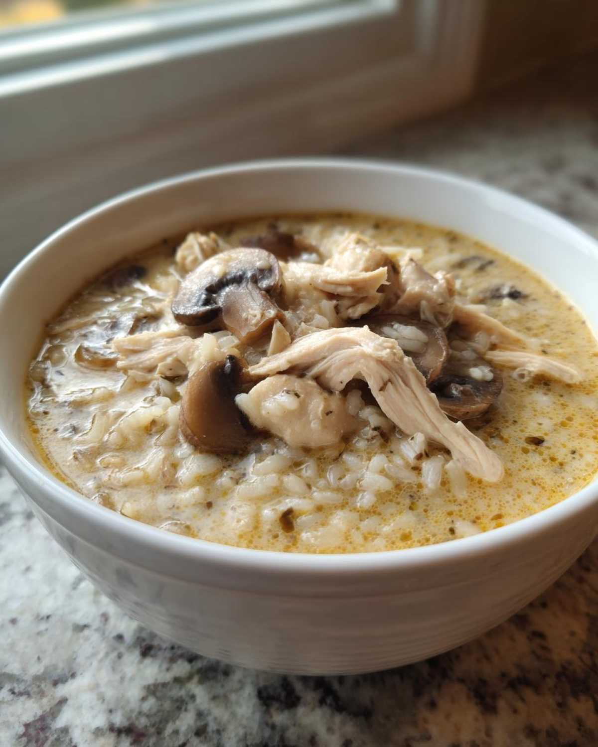 A close-up of a bowl of Slow Cooker Creamy Chicken and Wild Rice Soup topped with shredded chicken and mushrooms.