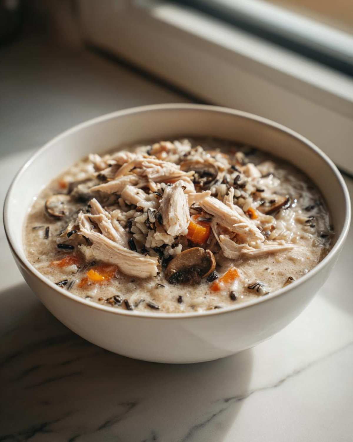 A close-up of a white bowl filled with Slow Cooker Creamy Chicken and Wild Rice Soup, topped with shredded chicken.