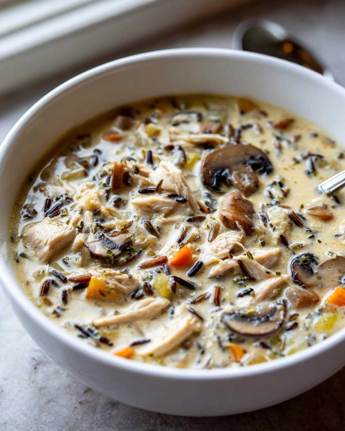 A close-up of a white bowl filled with rich Slow Cooker Creamy Chicken and Wild Rice Soup, showing shredded chicken, wild rice, and mushrooms.