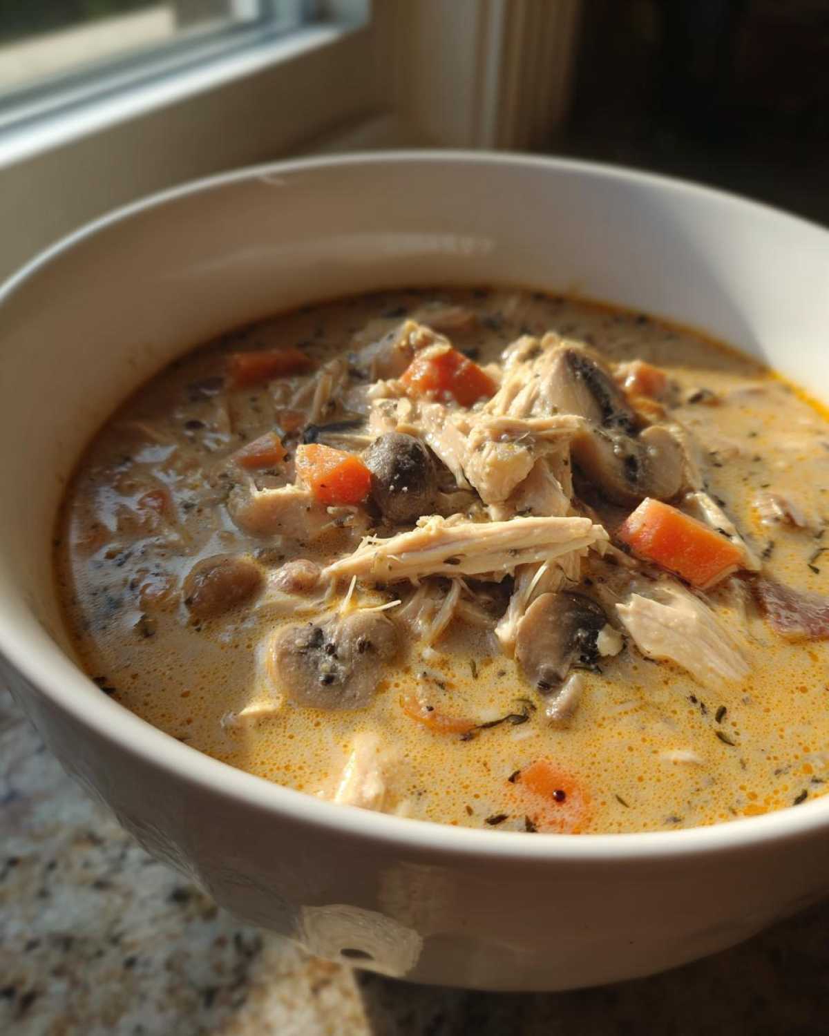 Close-up of a hearty bowl of Slow Cooker Creamy Chicken and Wild Rice Soup with shredded chicken, carrots, and mushrooms.