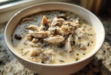 A close-up of a white bowl filled with rich Slow Cooker Creamy Chicken and Wild Rice Soup, topped with shredded chicken.