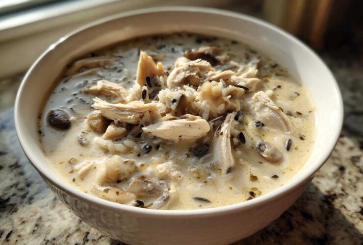 A close-up of a white bowl filled with rich Slow Cooker Creamy Chicken and Wild Rice Soup, topped with shredded chicken.