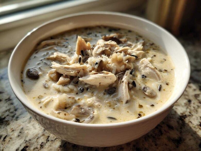 A close-up of a white bowl filled with rich Slow Cooker Creamy Chicken and Wild Rice Soup, topped with shredded chicken.