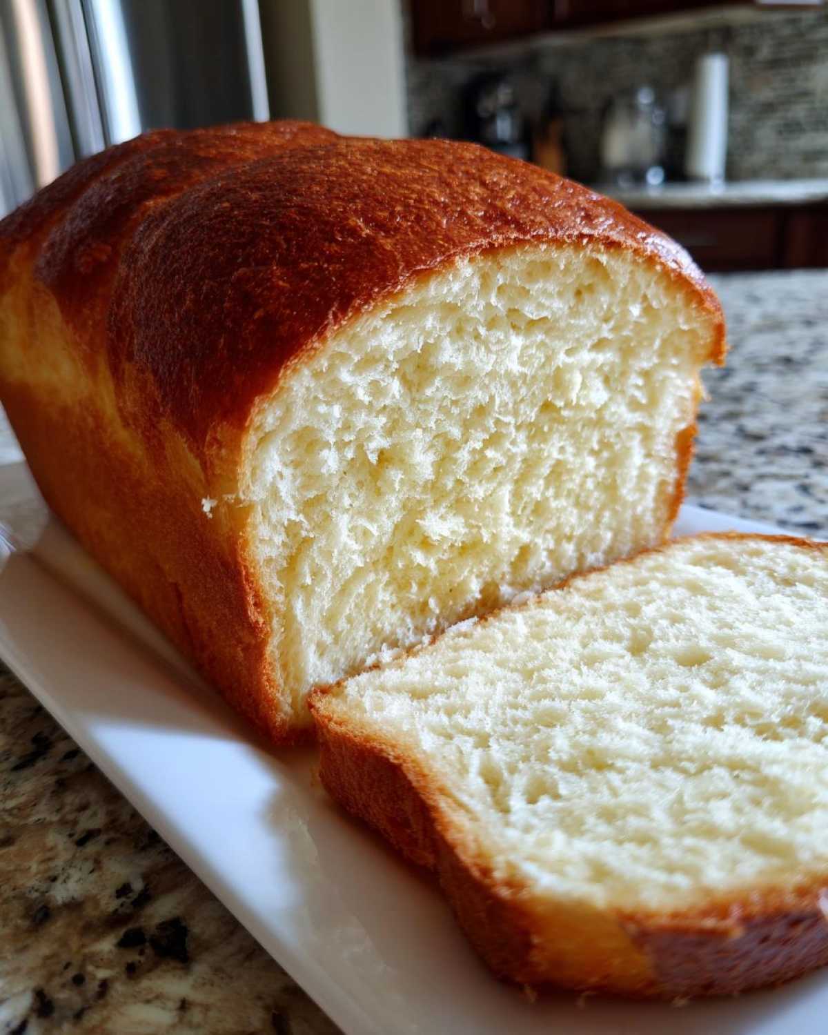 Close-up of a freshly baked loaf of soft condensed milk bread with one slice cut and resting beside it.