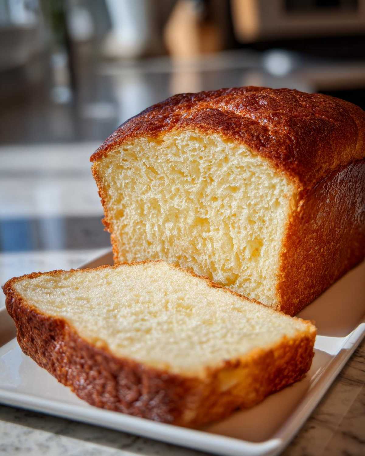 A loaf of soft, golden-brown condensed milk bread with one thick slice cut and resting in front.