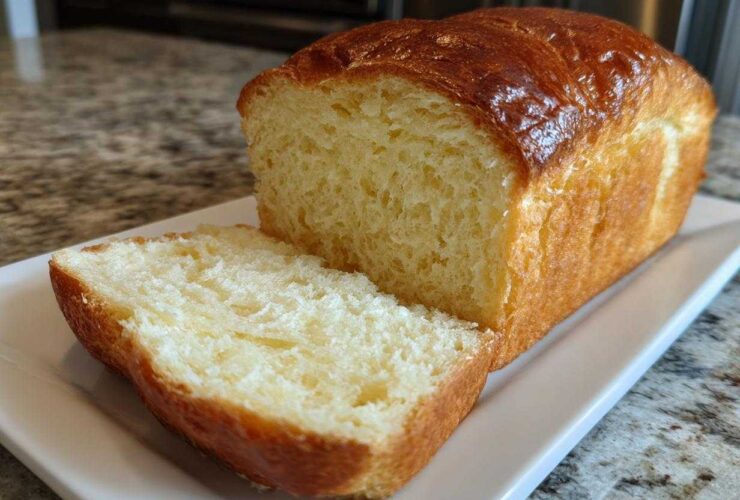 A golden-brown loaf of soft condensed milk bread, with one thick slice cut and resting beside it on a white platter.