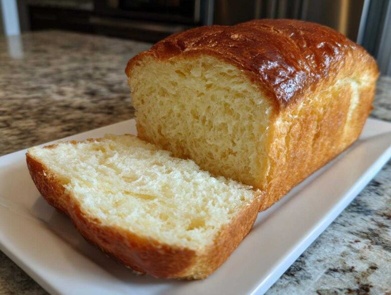 A golden-brown loaf of soft condensed milk bread, with one thick slice cut and resting beside it on a white platter.