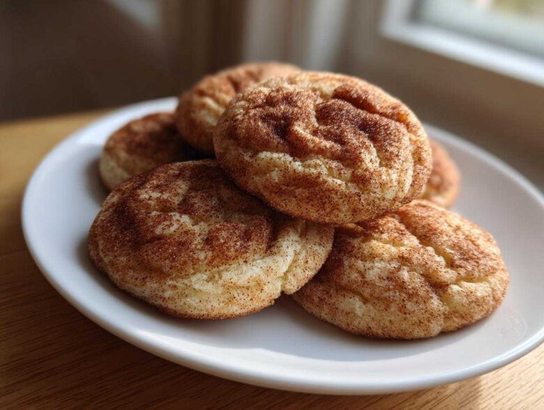 A stack of soft, freshly baked snickerdoodles coated in cinnamon sugar on a white plate.