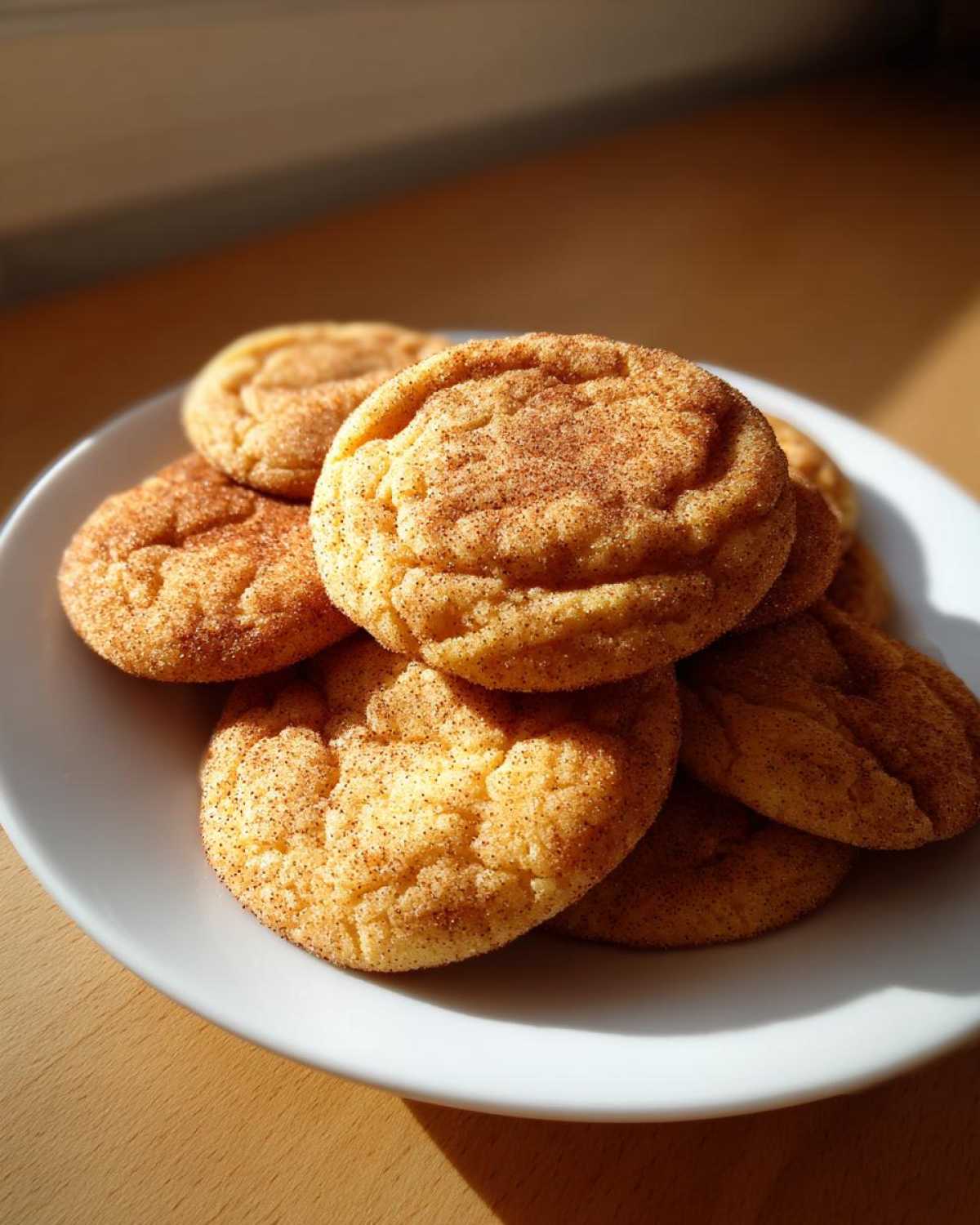 A stack of freshly baked, soft snickerdoodles coated in cinnamon sugar resting on a white plate.