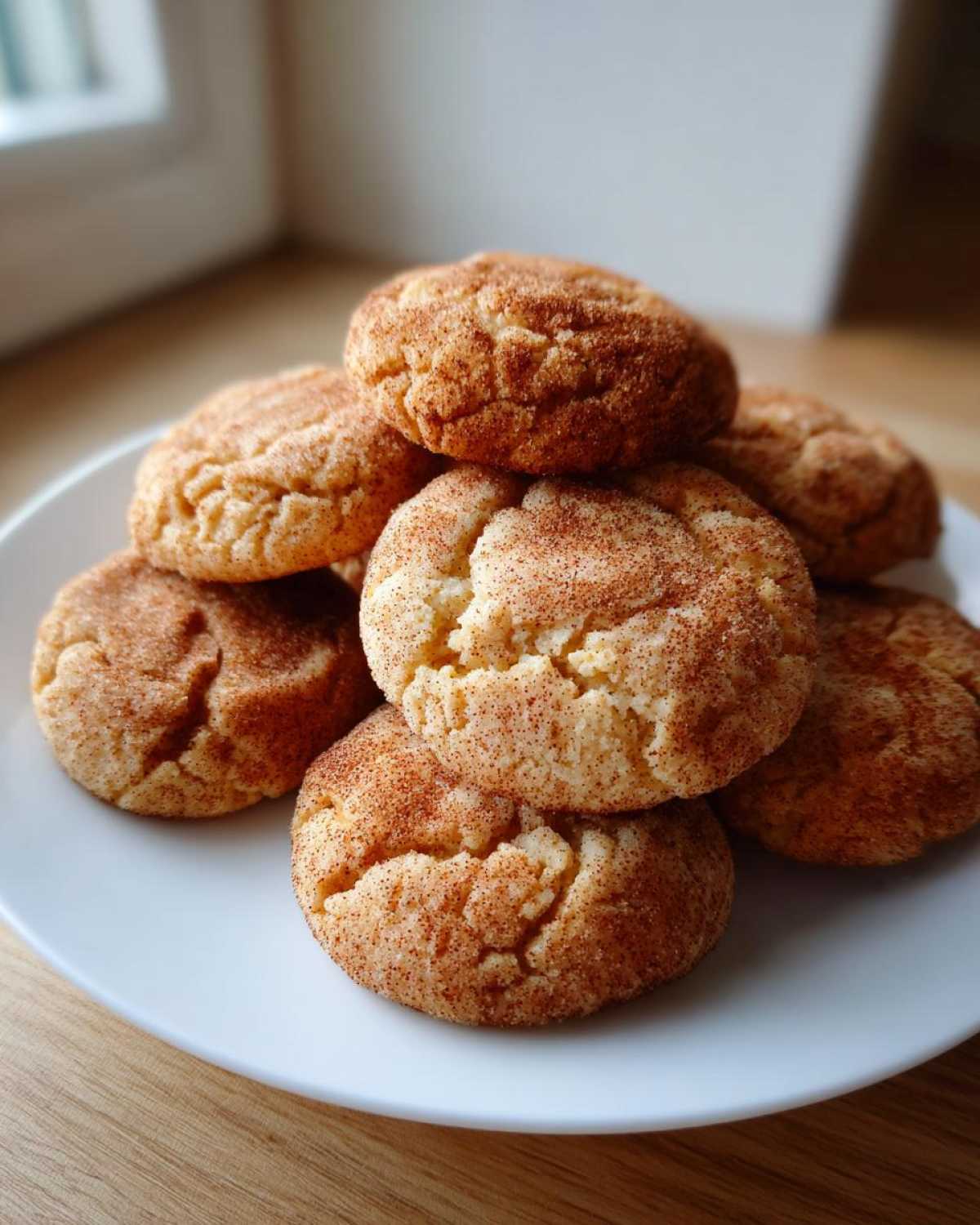 A close-up stack of soft, chewy snickerdoodles generously coated in cinnamon sugar, resting on a white plate.