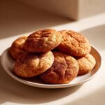 A small stack of freshly baked, soft snickerdoodles generously coated in cinnamon sugar on a light plate.