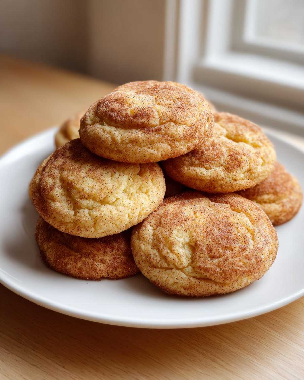 A close-up stack of freshly baked, soft snickerdoodles coated in cinnamon sugar resting on a white plate.