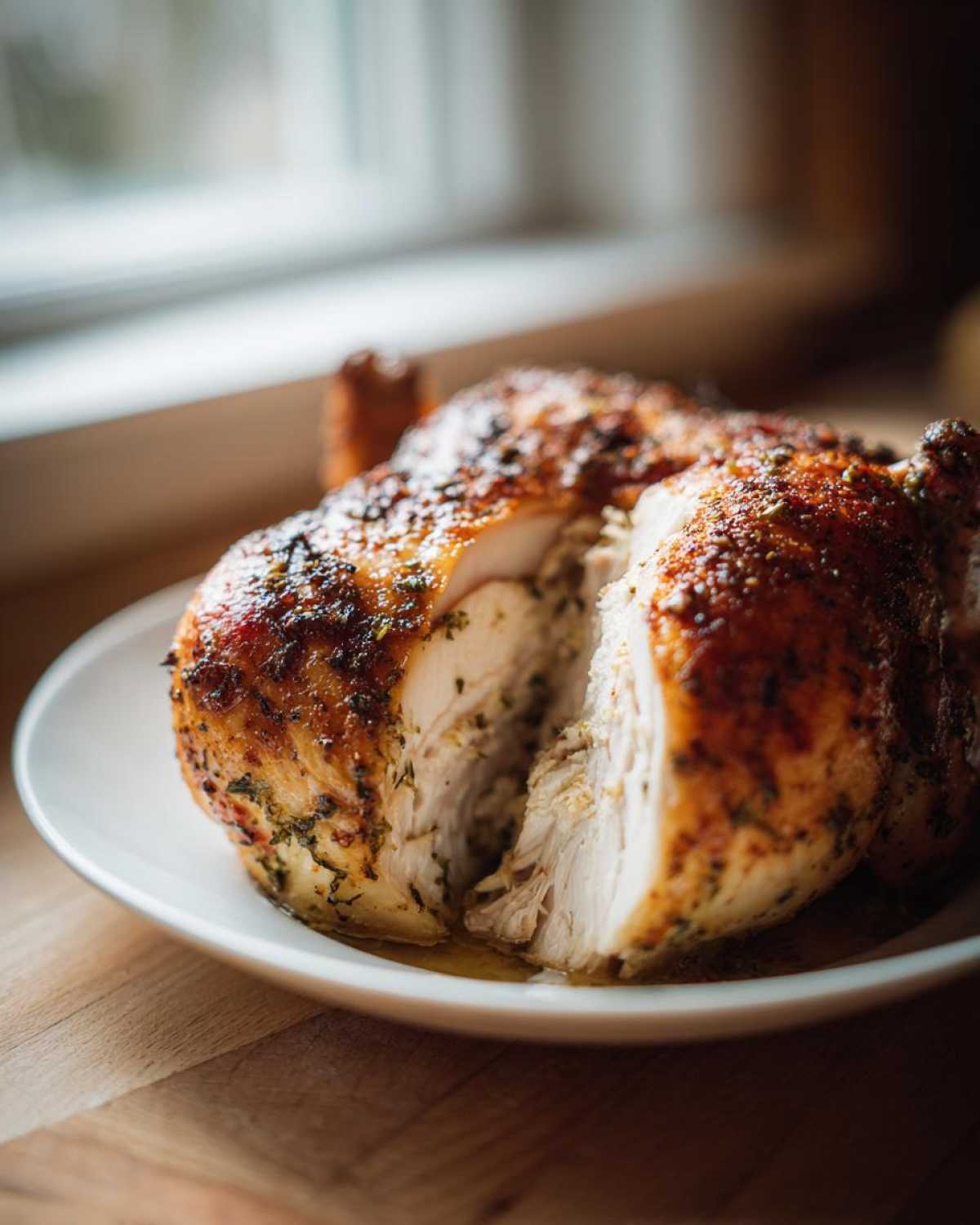 Close-up of a perfectly cooked spatchcock chicken, cut open to show moist white meat and crispy herb-seasoned skin.