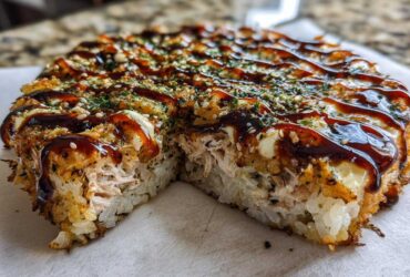A slice cut from a round sushi bake, showing layers of rice, creamy filling, and topped with dark sauce and sesame seeds.