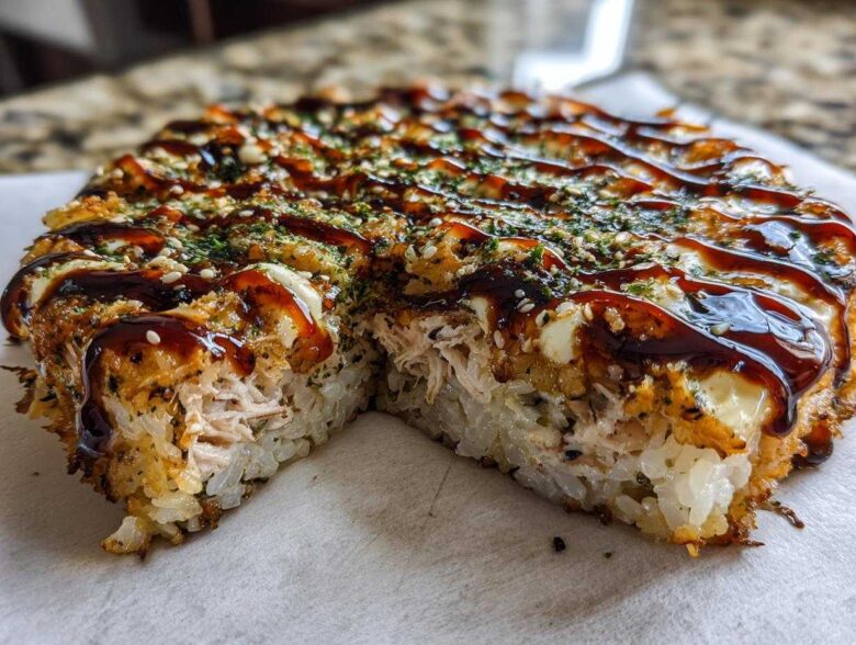 A slice cut from a round sushi bake, showing layers of rice, creamy filling, and topped with dark sauce and sesame seeds.