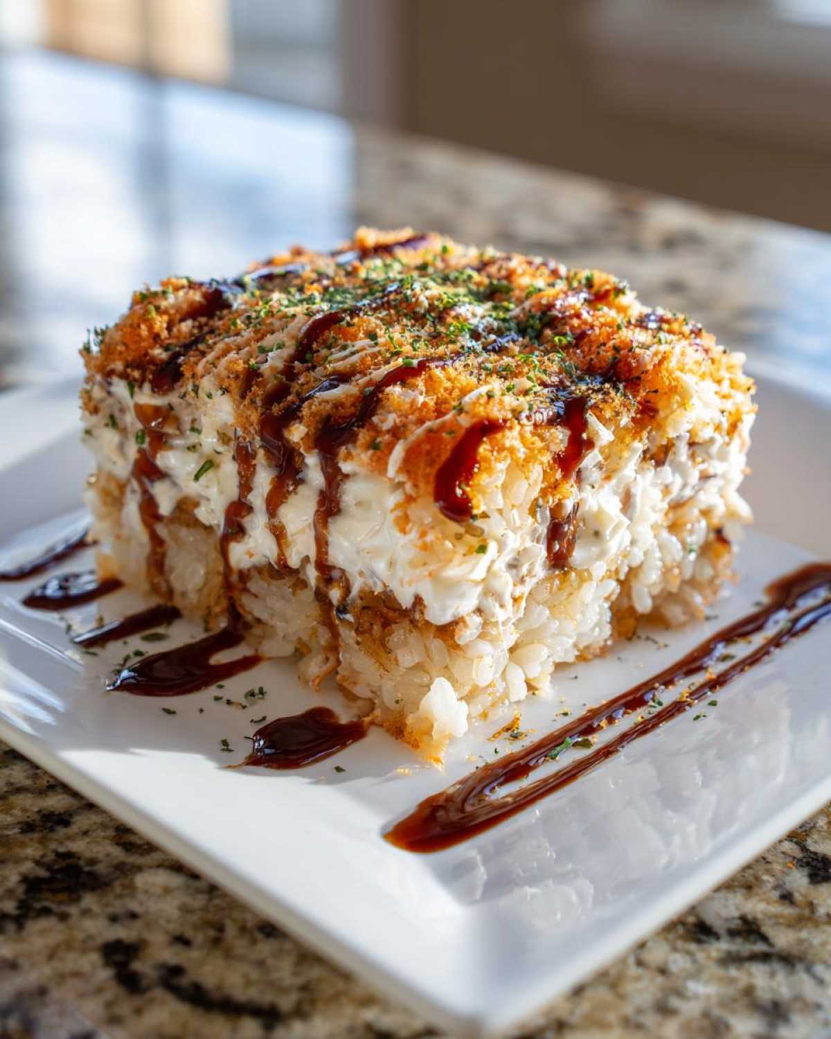 A square serving of creamy sushi bake topped with crunchy panko and drizzled with dark sauce.