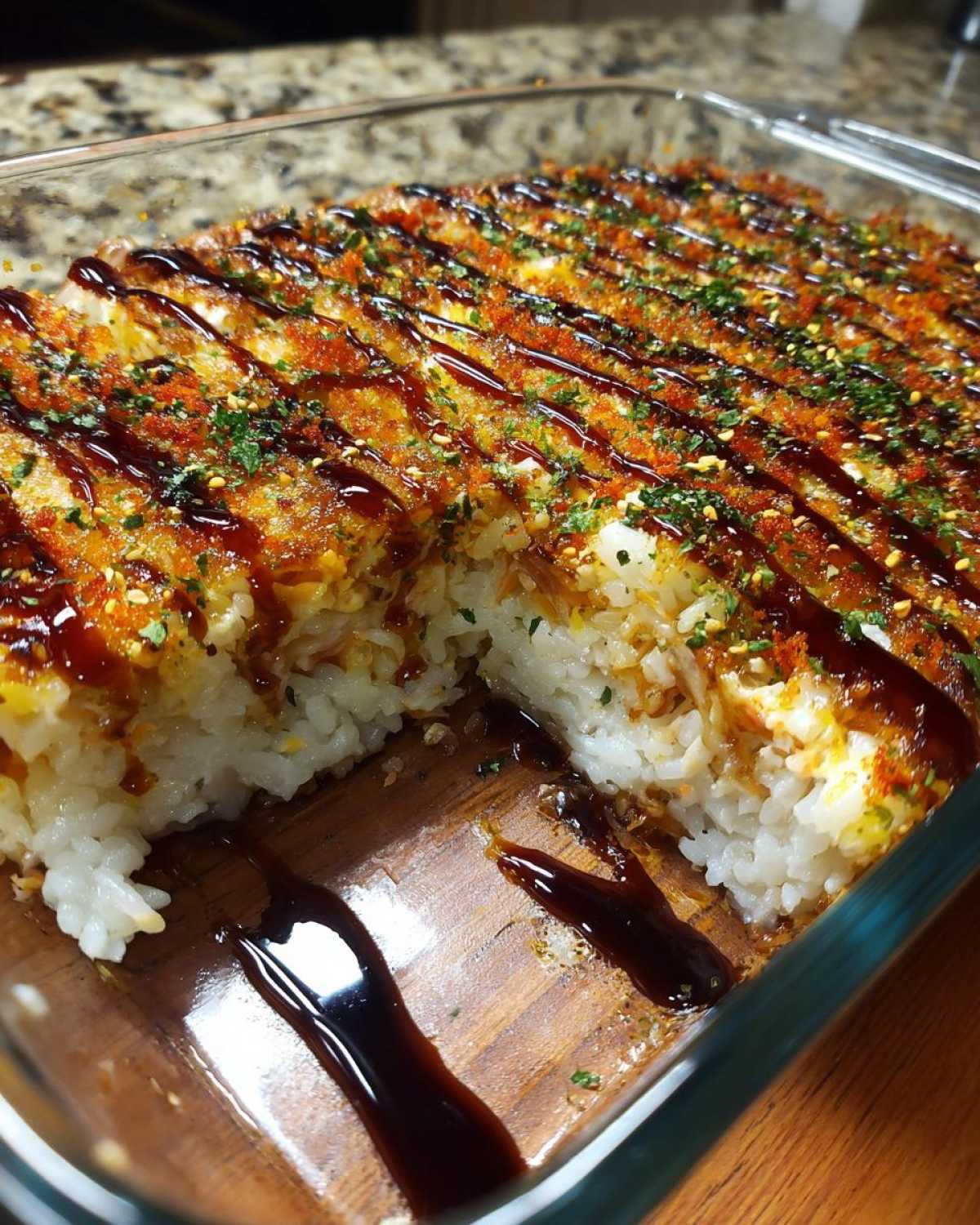 A portion of baked rice and topping is removed from the sushi bake in a glass dish, showing gooey sauce.
