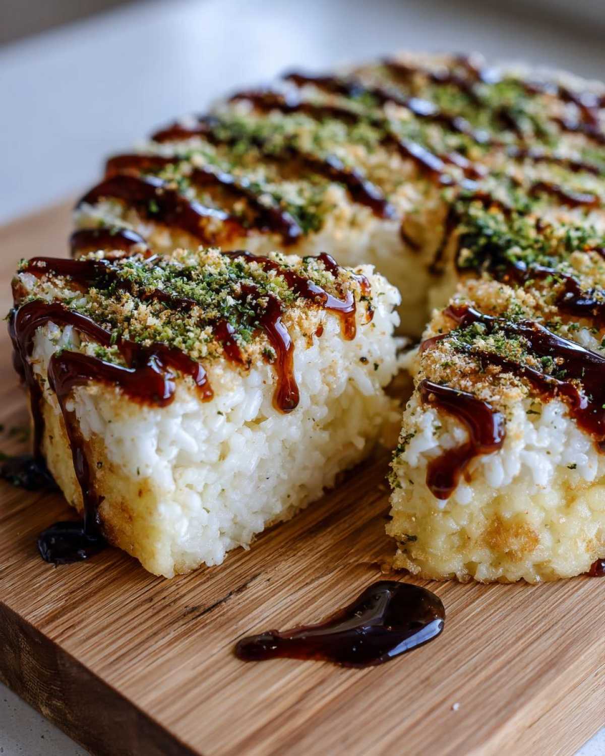 Close-up of a baked sushi bake casserole cut into wedges, drizzled with dark sauce and sprinkled with furikake.