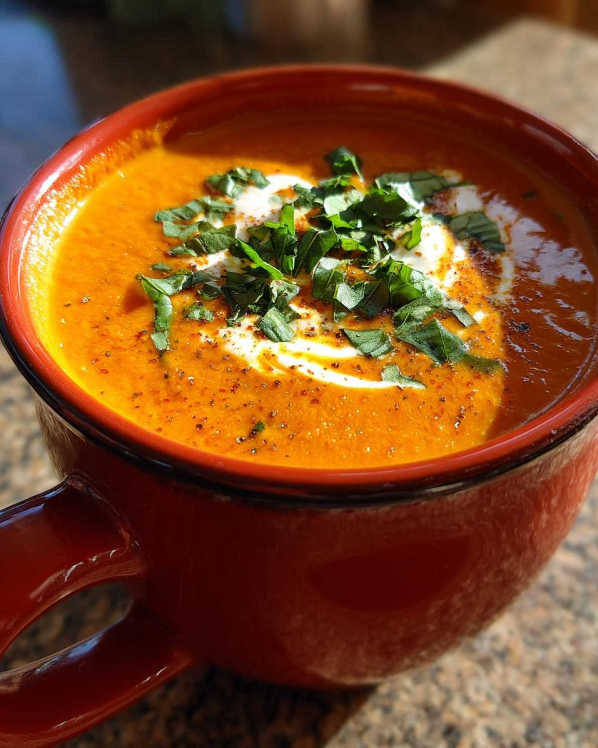 Close-up of a vibrant orange tomato bisque in a red mug, topped with cream swirl, fresh basil, and spices.