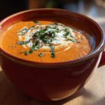 Close-up of a rich, orange tomato bisque in a red mug, topped with cream and fresh basil.