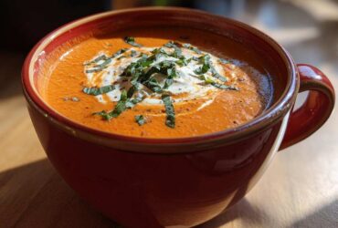 Close-up of a rich, orange tomato bisque in a red mug, topped with cream and fresh basil.