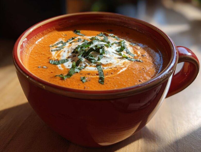 Close-up of a rich, orange tomato bisque in a red mug, topped with cream and fresh basil.