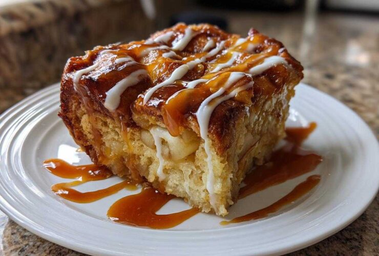 A square slice of warm apple bread pudding topped with caramel and white icing drizzle.