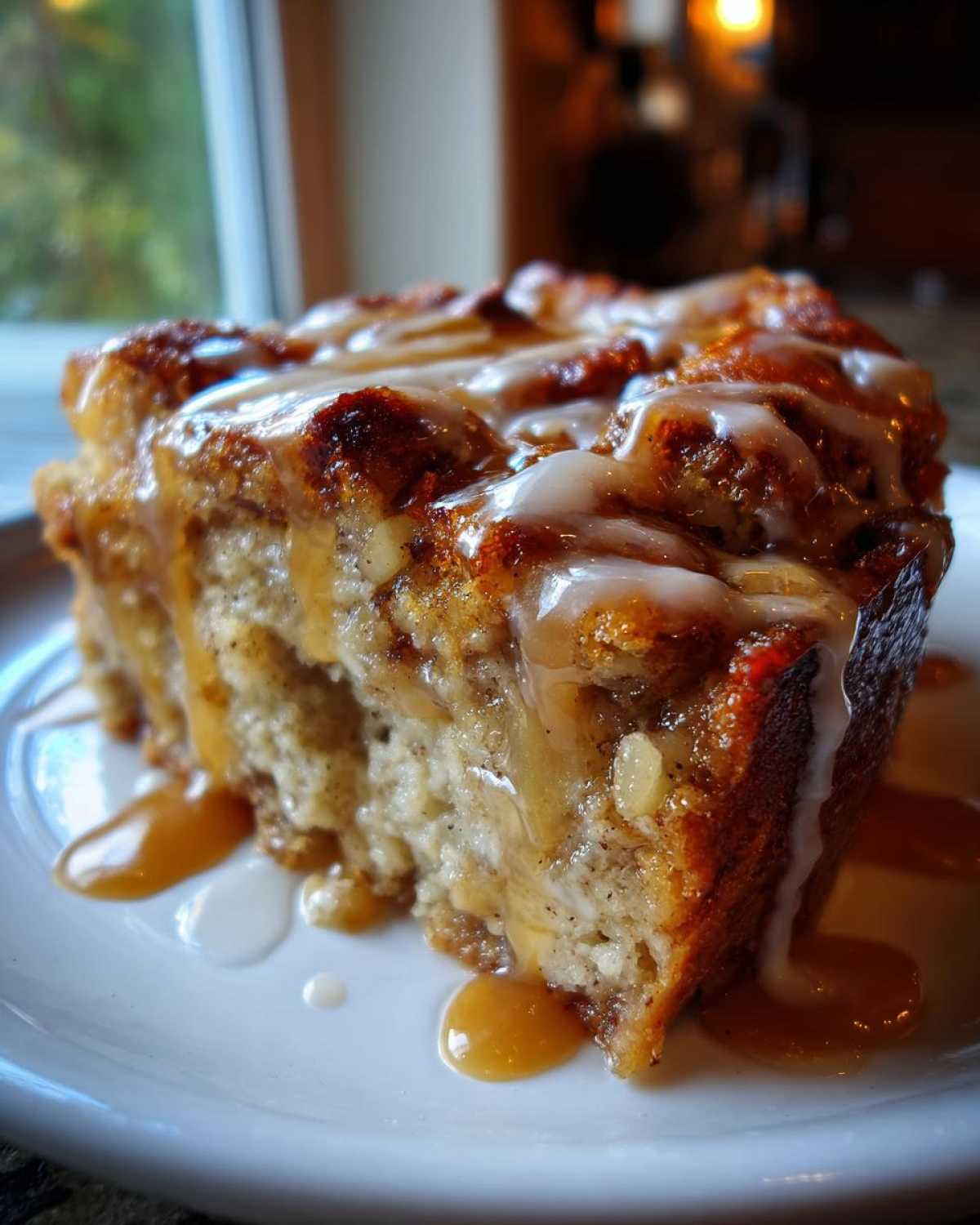 A close-up of a moist slice of apple bread pudding drizzled with caramel and vanilla glaze.