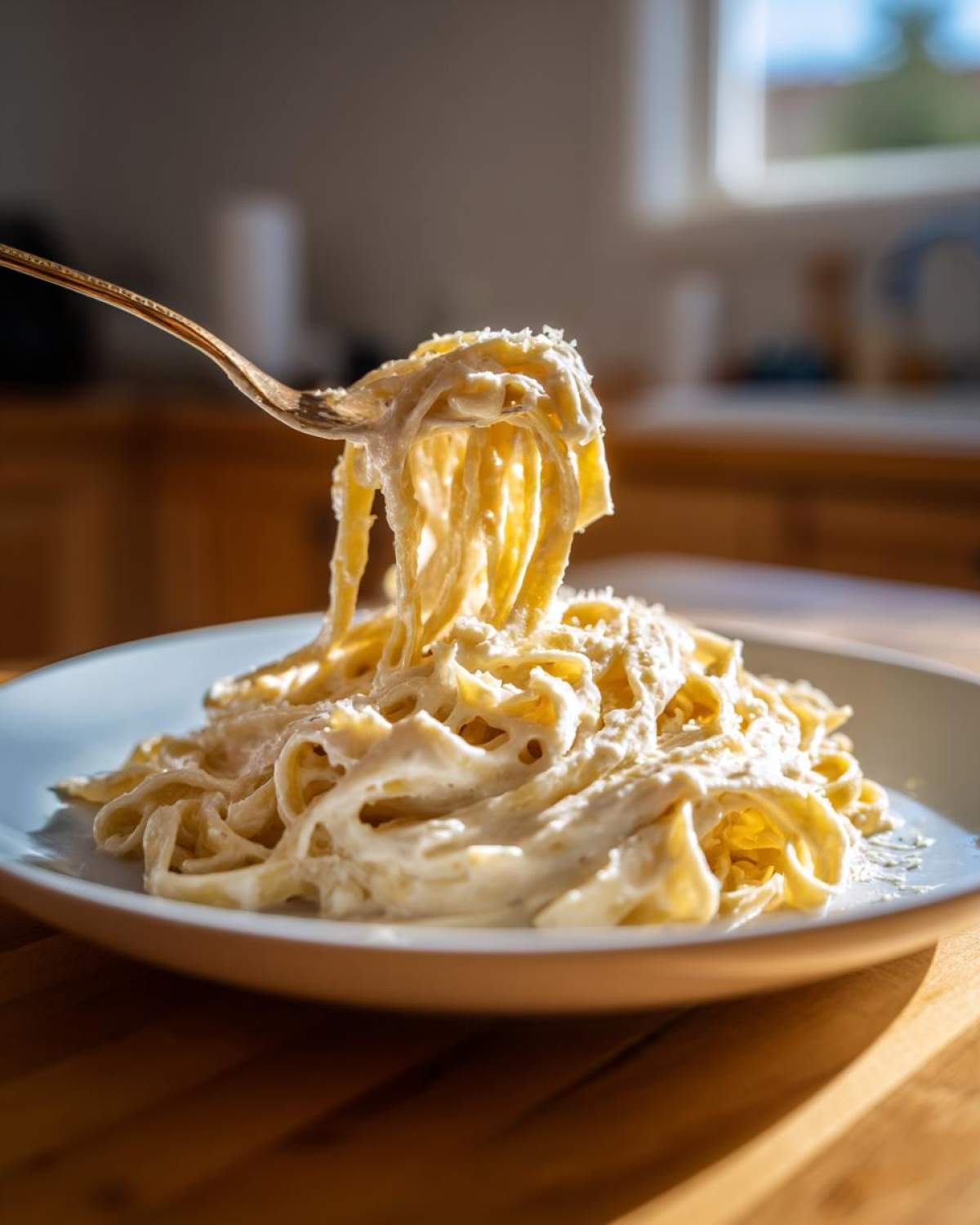 A fork lifting fettuccine noodles coated heavily in Vegan Creamy Cashew Alfredo Sauce from a white plate.