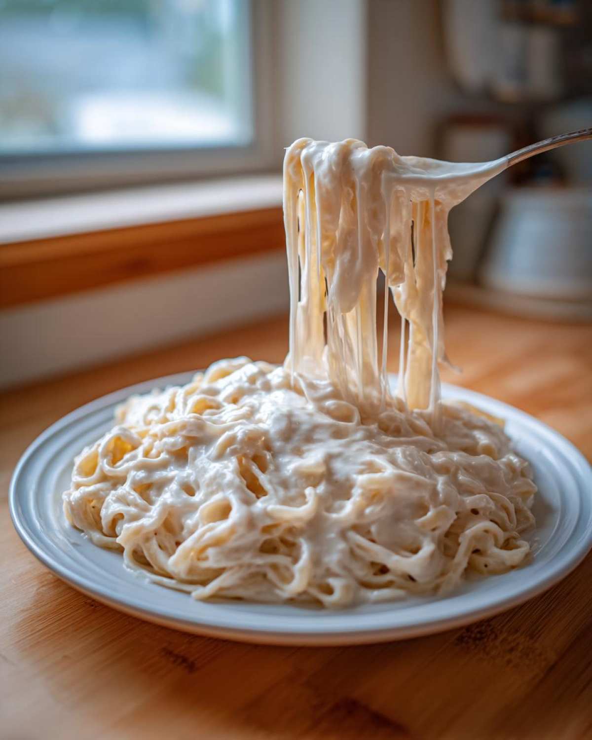 A fork lifts pasta coated in thick Vegan Creamy Cashew Alfredo Sauce from a white plate.