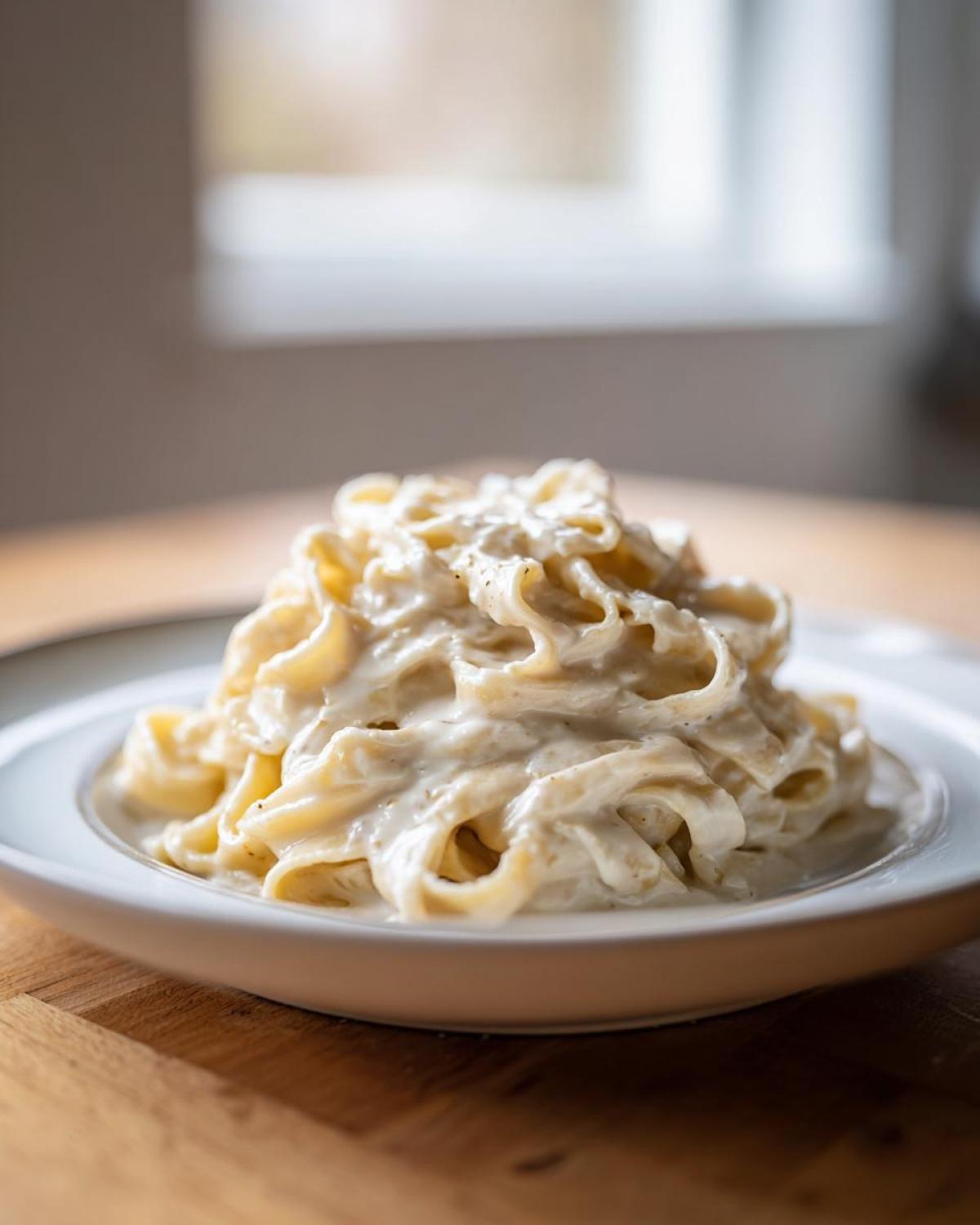 A close-up of fettuccine pasta generously coated in Vegan Creamy Cashew Alfredo Sauce on a white plate.