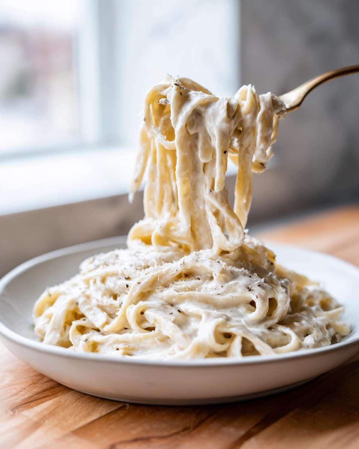 A fork lifts strands of fettuccine coated in rich Vegan Creamy Cashew Alfredo Sauce from a white bowl.