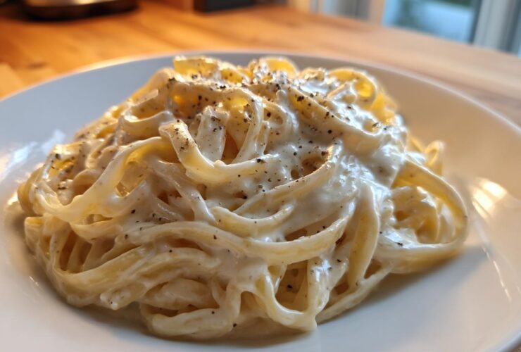 Close-up of fettuccine pasta generously coated in Vegan Creamy Cashew Alfredo Sauce and topped with black pepper.