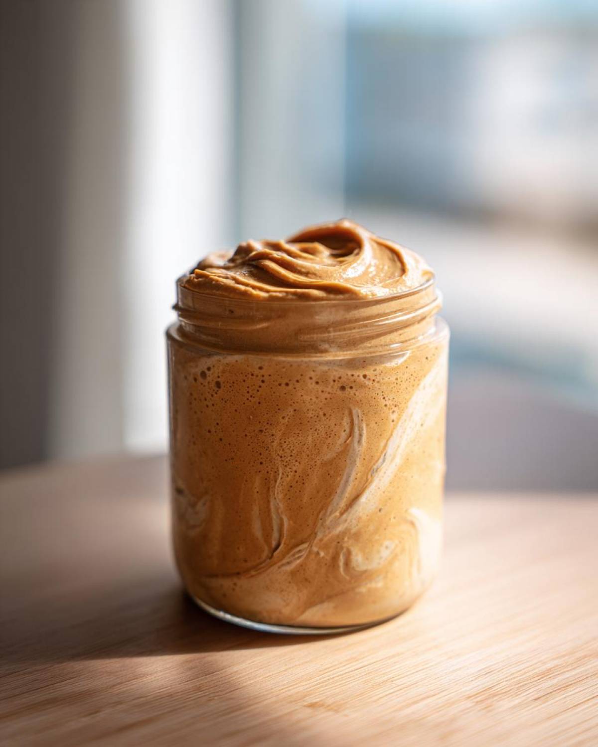 Close-up of Vegan Peanut Butter Banana Overnight Oats in a jar with a thick peanut butter swirl topping.