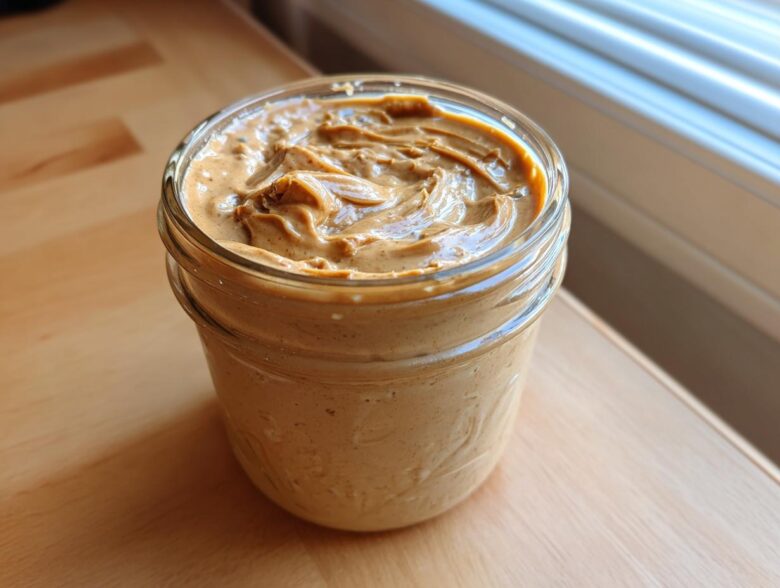 Close-up of creamy peanut butter mixture topping for Vegan Peanut Butter Banana Overnight Oats in a glass jar.