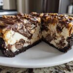 A cross-section view of the amazing Peanut Butter Fudge Ice Cream Pie showing layers of chocolate crust, ice cream, and fudge topping.