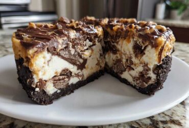 A cross-section view of the amazing Peanut Butter Fudge Ice Cream Pie showing layers of chocolate crust, ice cream, and fudge topping.
