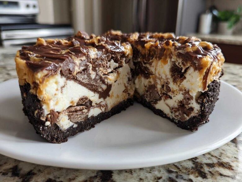 A cross-section view of the amazing Peanut Butter Fudge Ice Cream Pie showing layers of chocolate crust, ice cream, and fudge topping.
