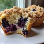 Close-up of a Bakery Style Blueberry Muffin cut in half showing moist crumb and juicy blueberries, topped with streusel.