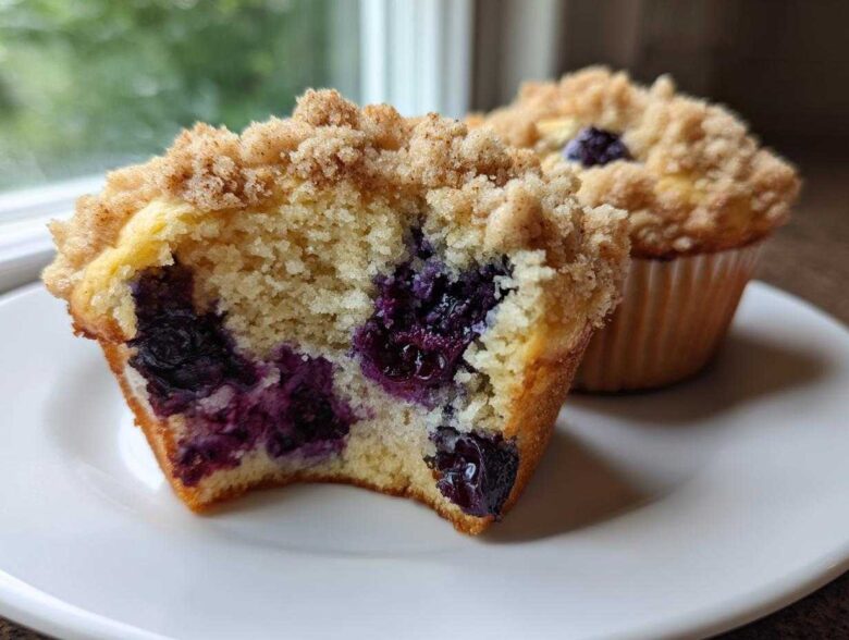 Close-up of a Bakery Style Blueberry Muffin cut in half showing moist crumb and juicy blueberries, topped with streusel.