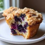 Close-up of a Bakery Style Blueberry Muffin cut in half, showing moist crumb and burst blueberries under a thick streusel topping.