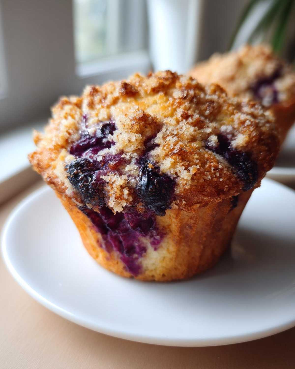 Close-up of a golden Bakery Style Blueberry Muffin with a thick, crunchy streusel topping and visible burst blueberries.