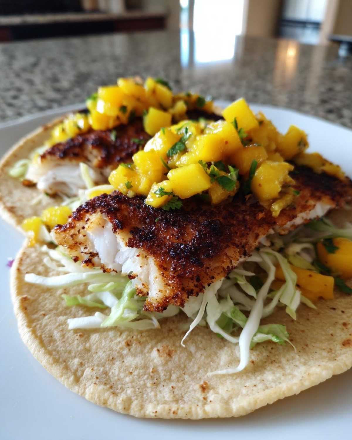 Two delicious Blackened Fish Tacos topped with shredded cabbage and bright yellow mango salsa.